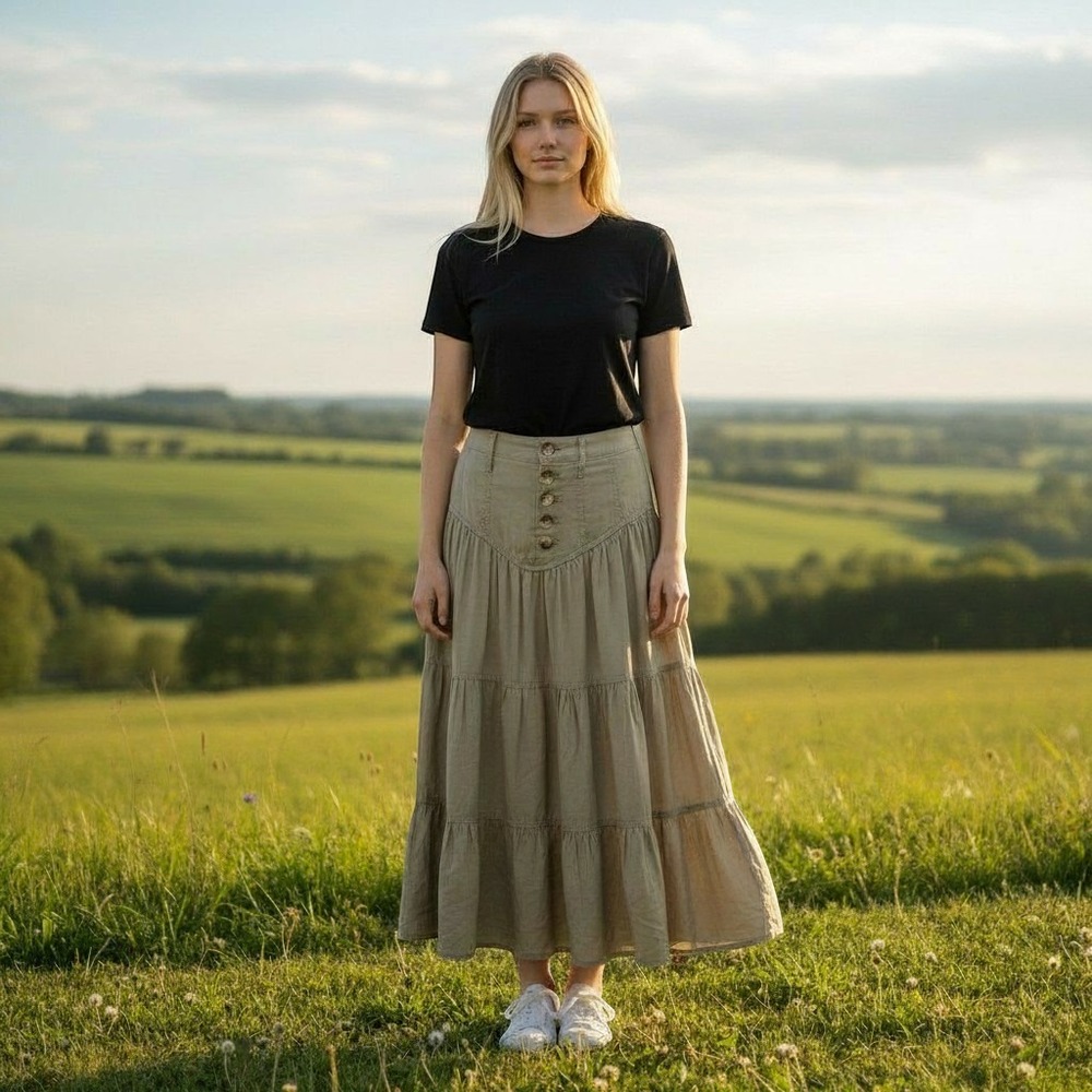 Anthropologie Olive Green Tiered Maxi Skirt Boho Button Front Boho Size 2 Earthy
